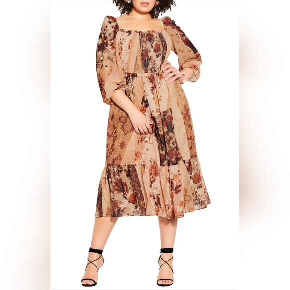 City Chic Floral Patchwork Smocked Floral Midi Dress Printed Long Balloon Sleeve - Picture 1 of 13